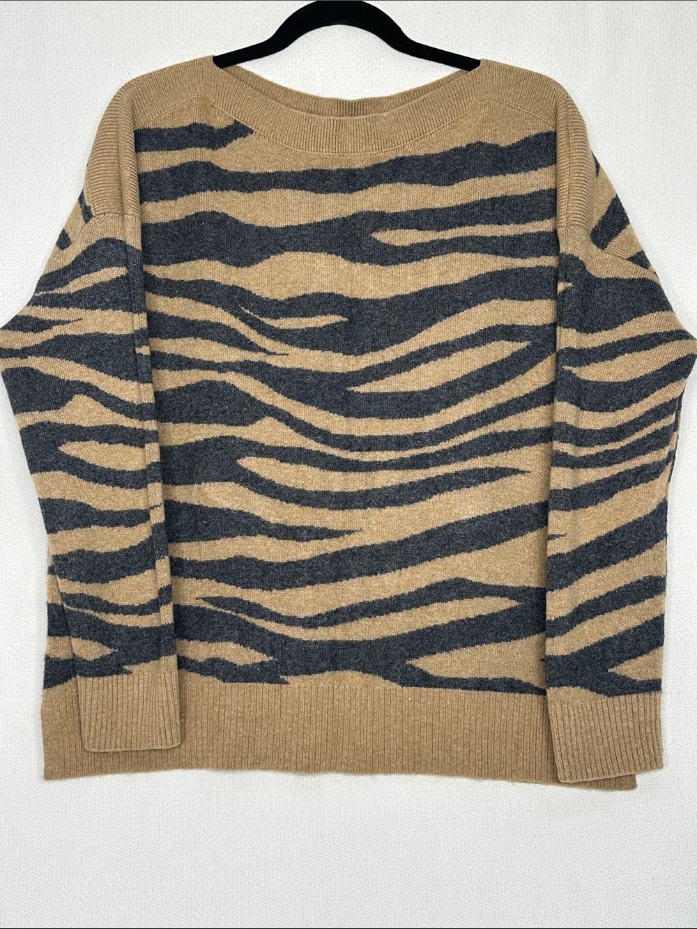 LOFT Tan and Black Zebra-Print Crewneck Sweater